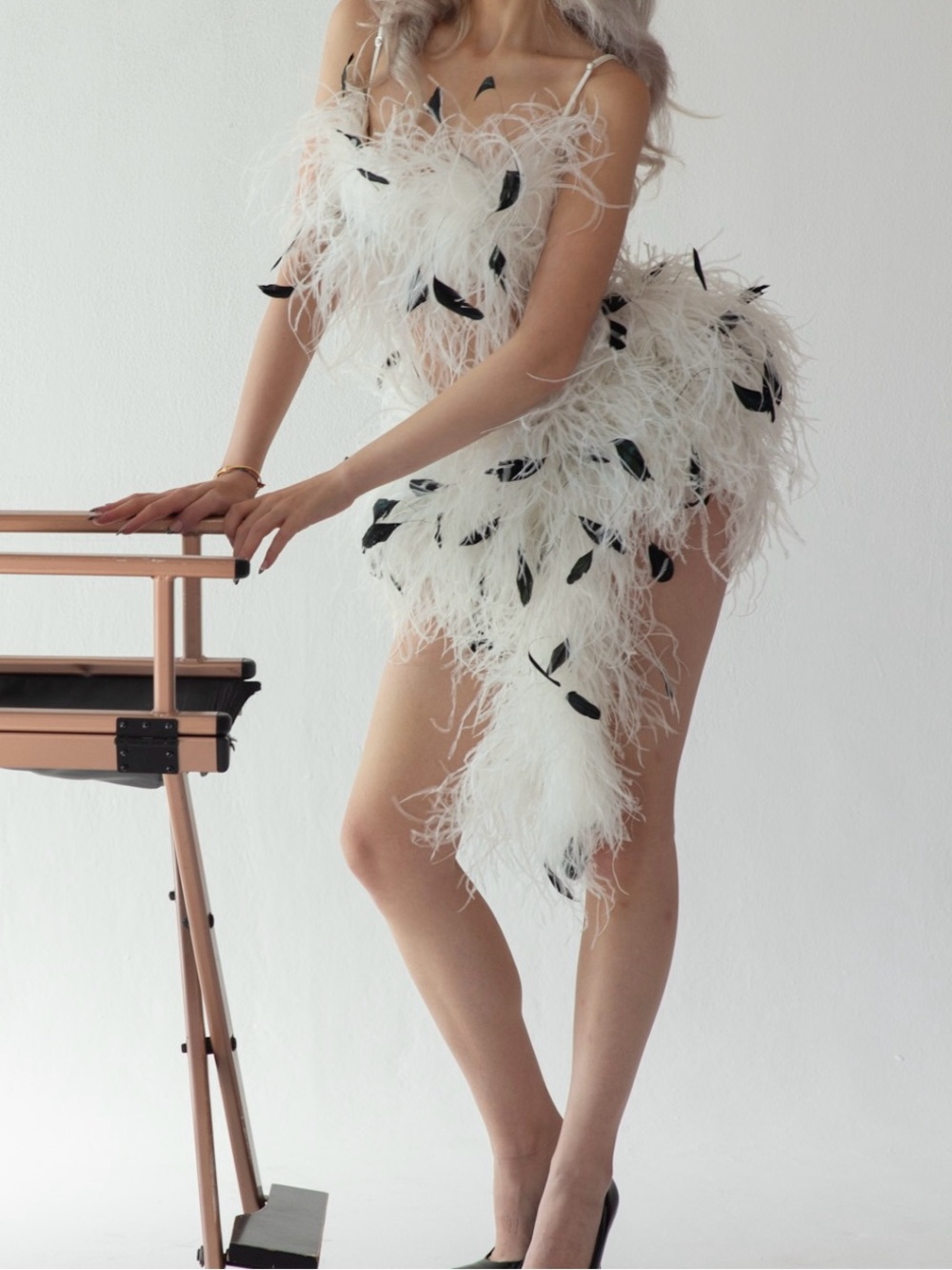 CULTNAKED Ivory Feather Mini Dress with Black Trim